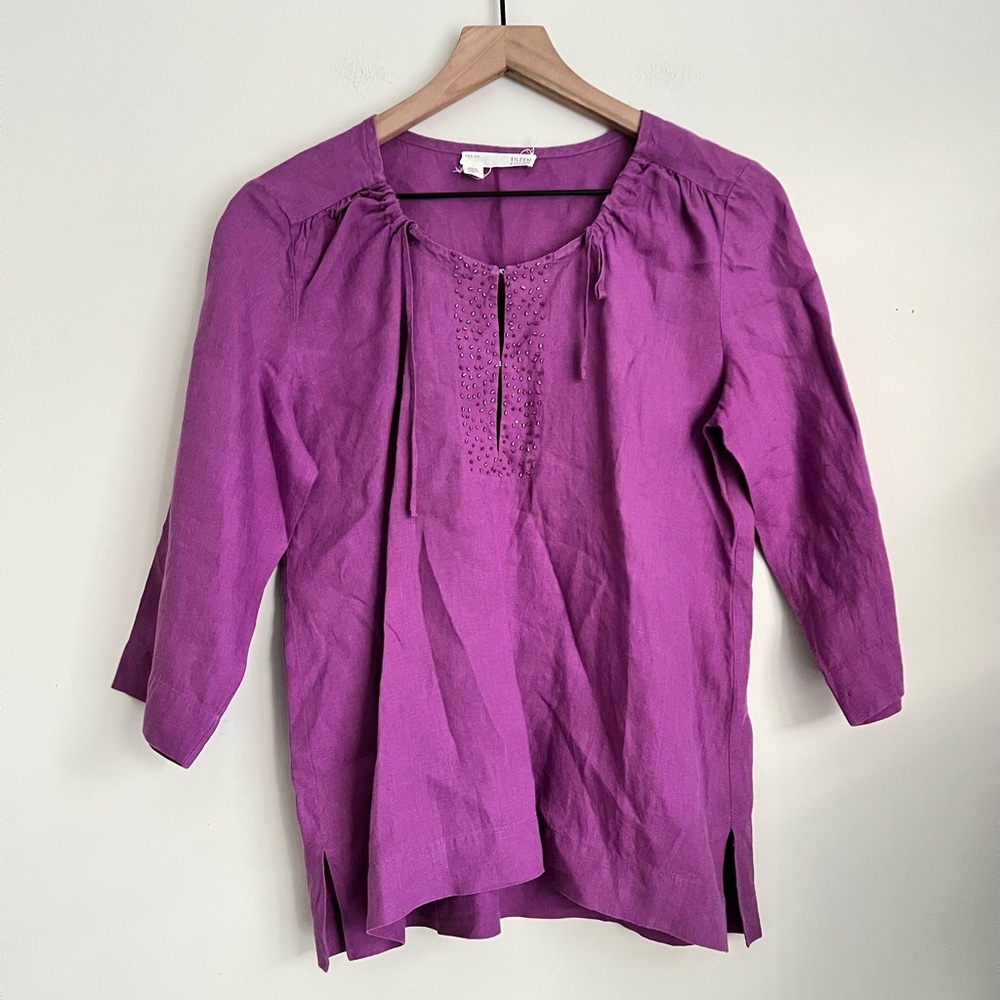 Eileen Fisher Purple Gathered Neck Tunic Blouse